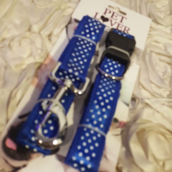 Dog Collar & Leash Set Blue Polka Dot Adjustable Walking Set - Picture 9 of 11